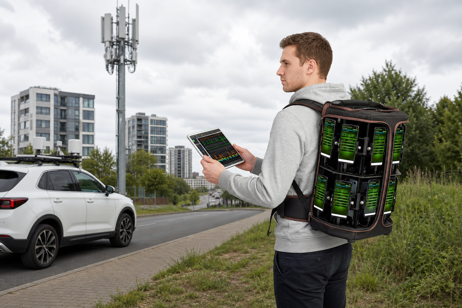 Field engineer using a multi-device measurement backpack near cellular infrastructure